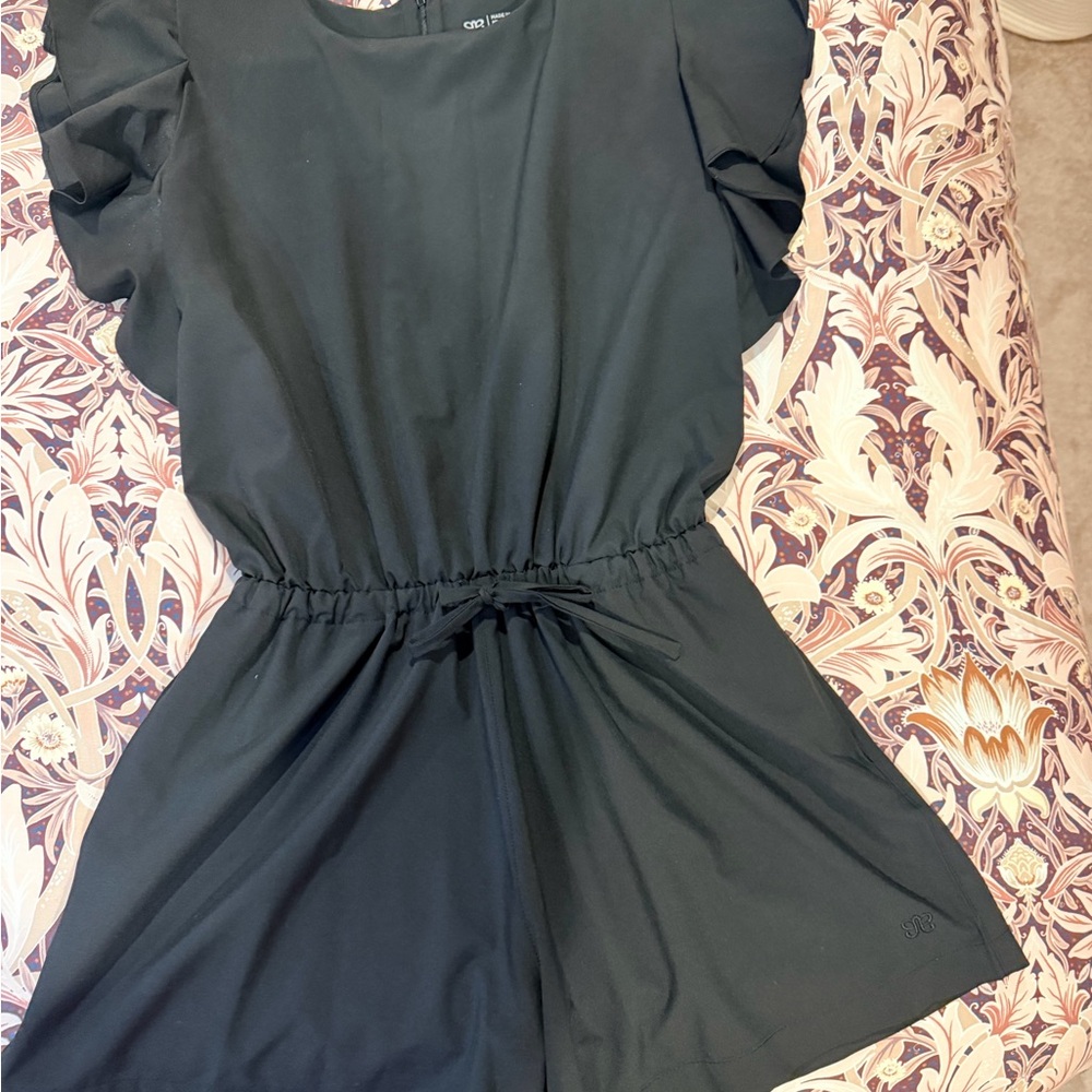 Albion Black Short Sleeve Drawstring Waist Romper